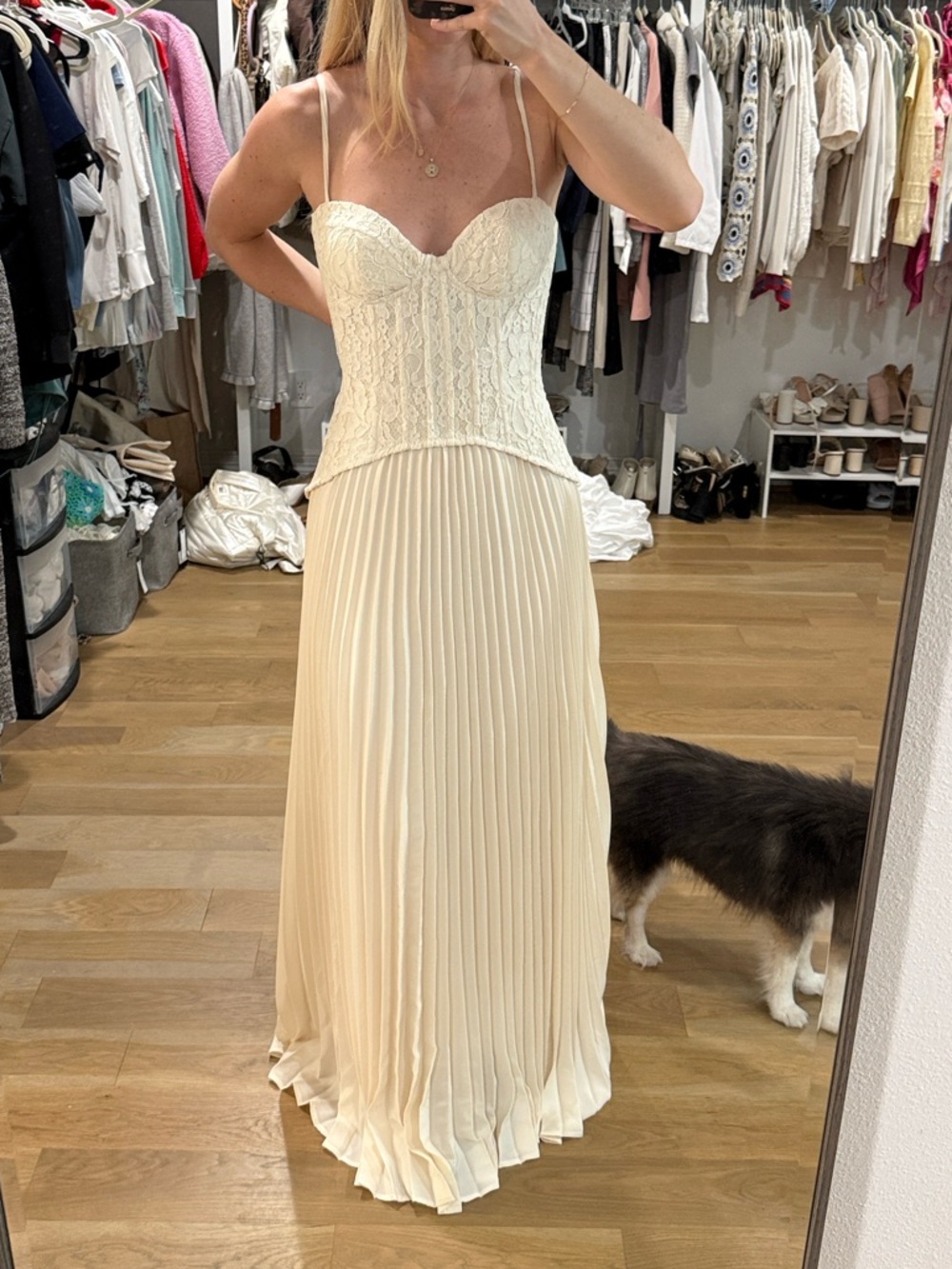 Cream lace, pleated maxi dress